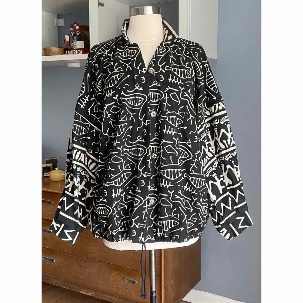 Ann Maurice VTG Black White Fish Tribal Cotton Weave Jacket One Size Art to wear
